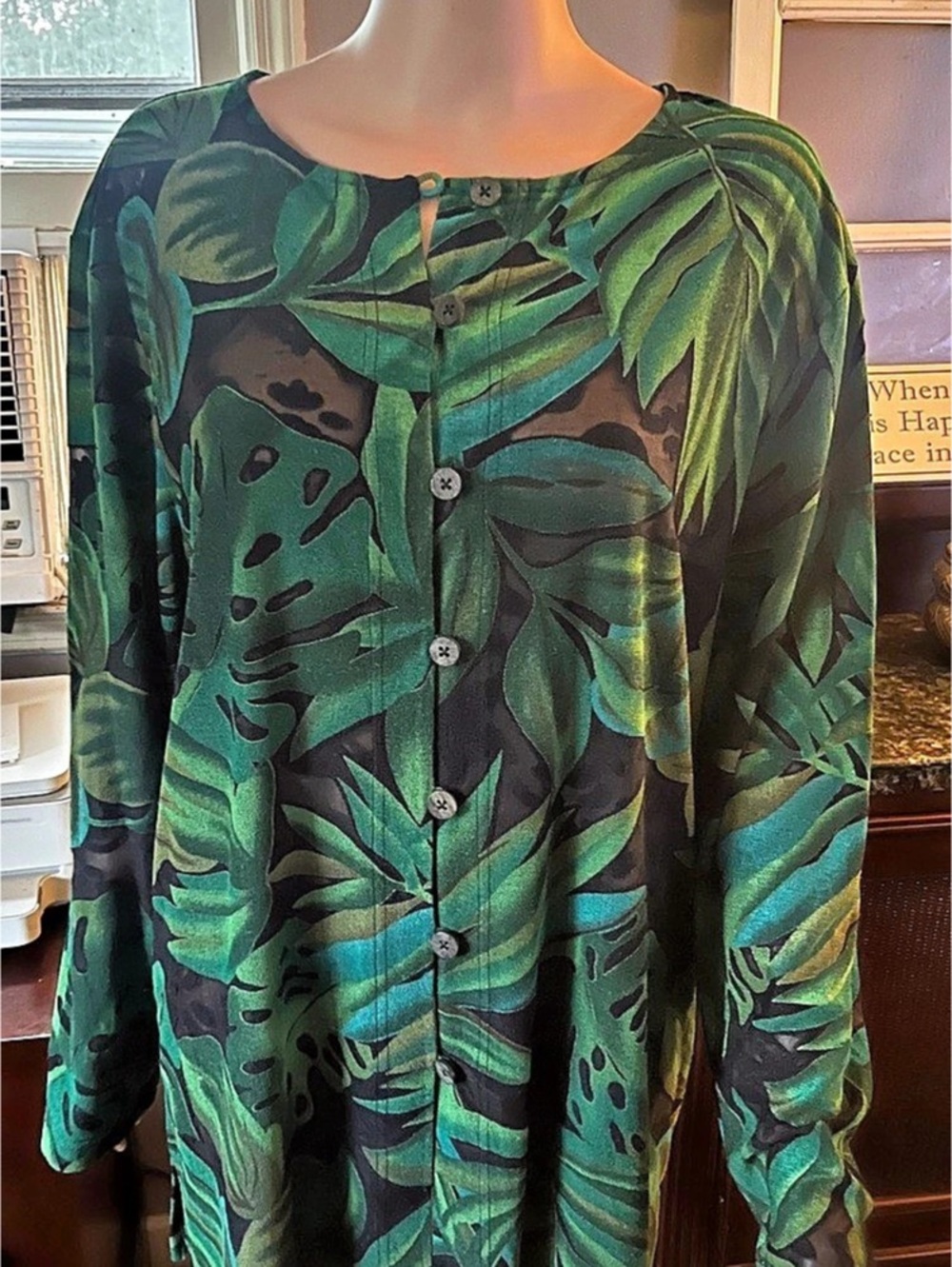 Carole Little Tropical Floral Button Front Top Green Blue XL Like New